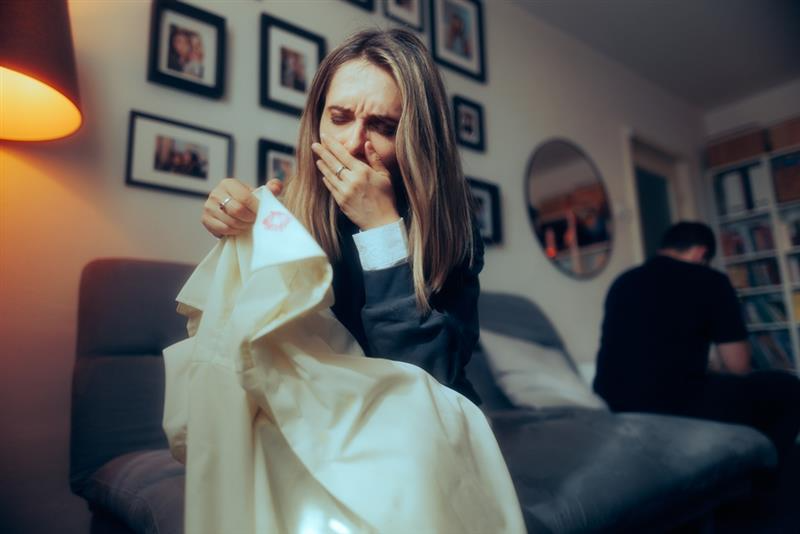 A distressed woman in a living room holds a shirt with a lipstick stain, covering her mouth in shock. A man sits in the background, looking away.