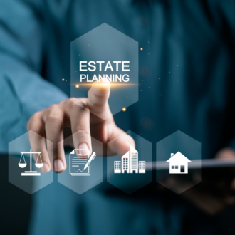 A person in a dark shirt points to virtual icons on a screen, highlighting "Estate Planning," with symbols for justice, documents, buildings, and a house.